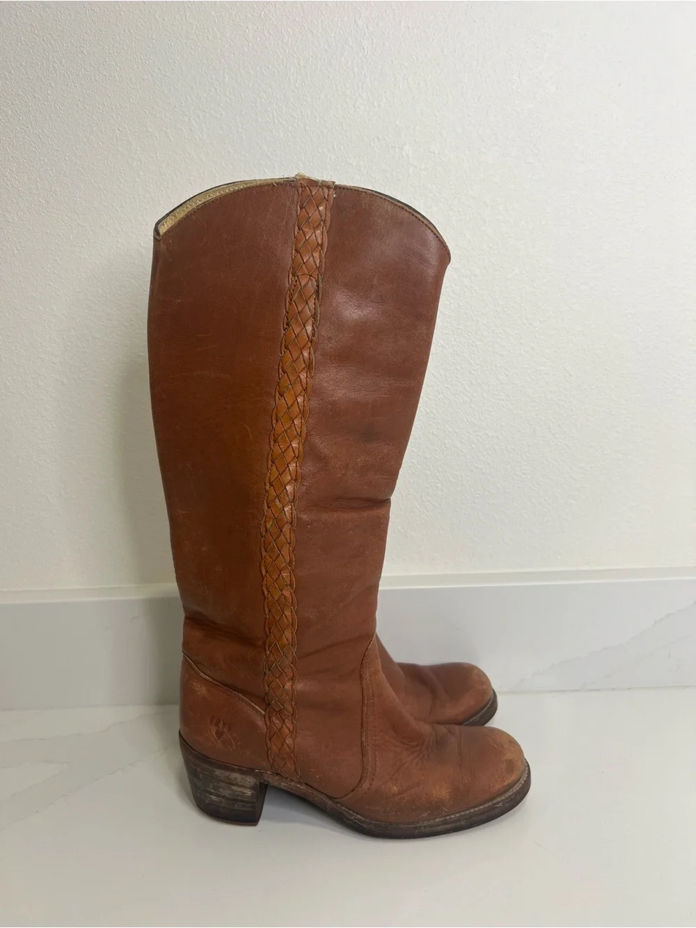 Vintage Frye Brown Leather Braided Tall Boots size 7.5